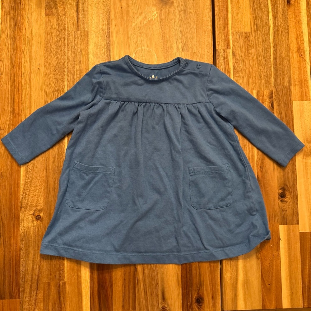 Primary Baby Girl Slate Blue Long Sleeve Tunic‎ Dress Pockets 6-12 Months
